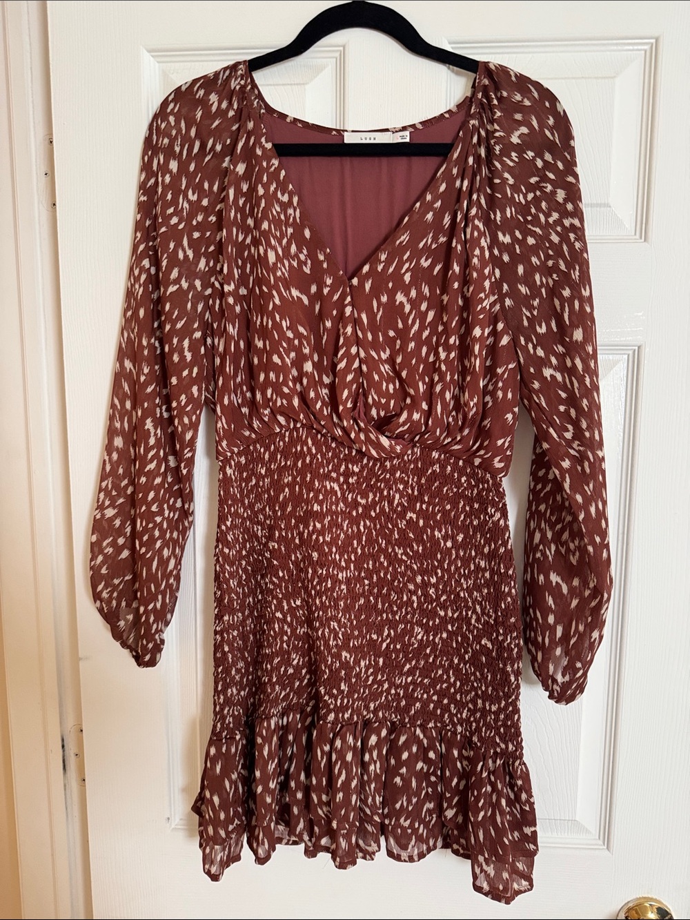 Lush Rust Brown Printed Long-Sleeve Smocked Waist Dress